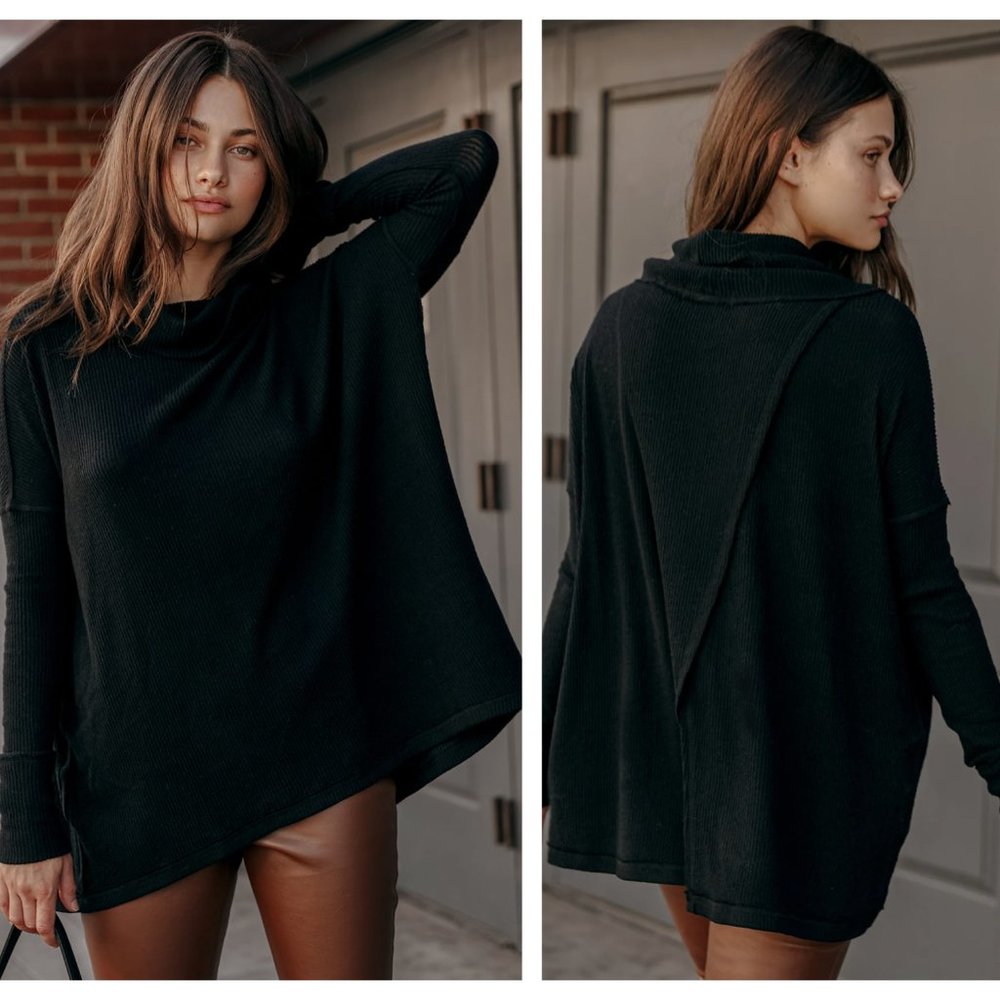 FREE PEOPLE Juicy Cowl-Neck Split Back Thermal Top Black {3D40}